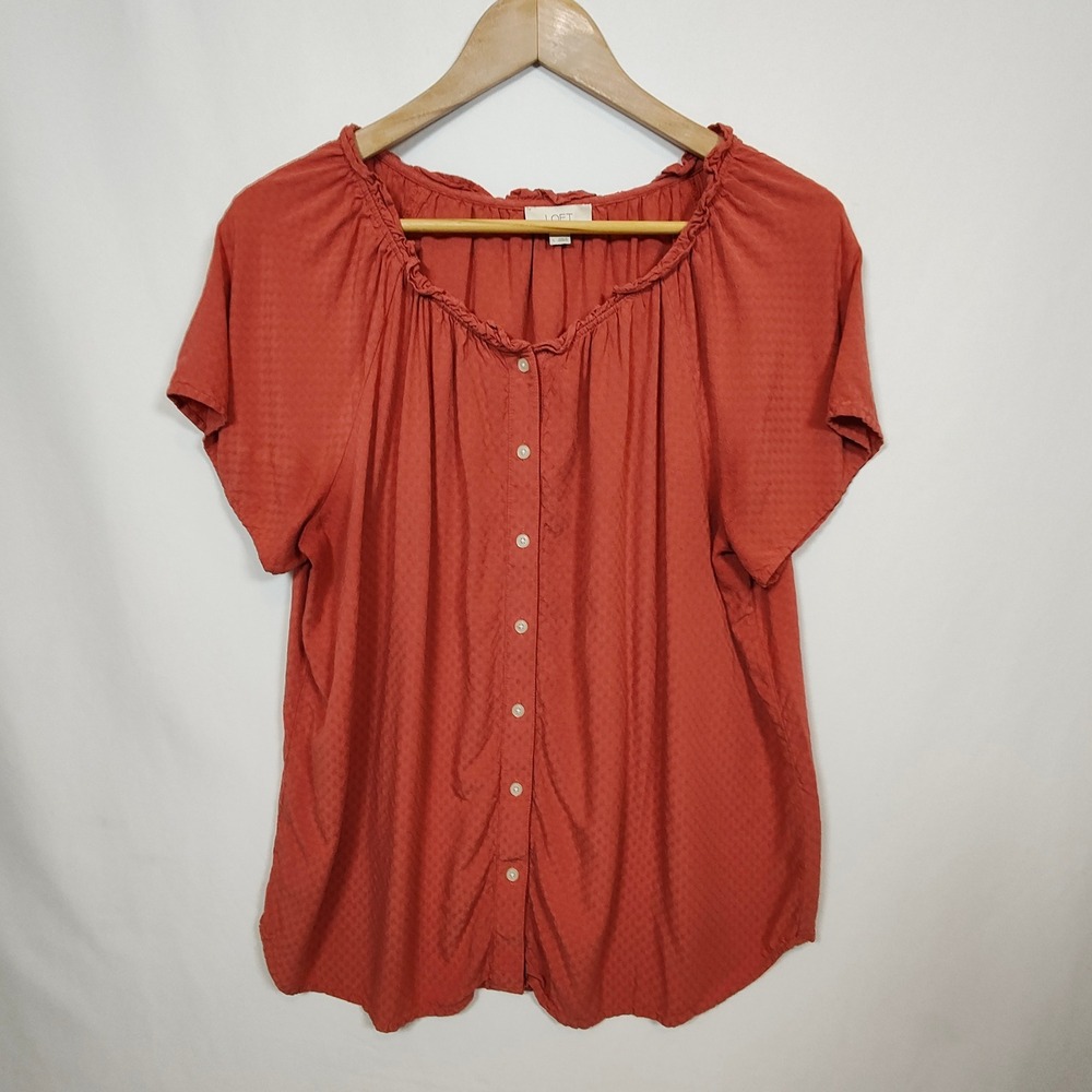 LOFT Blouse Women's Large Dobby Ruffle Neck Button Front Rayon